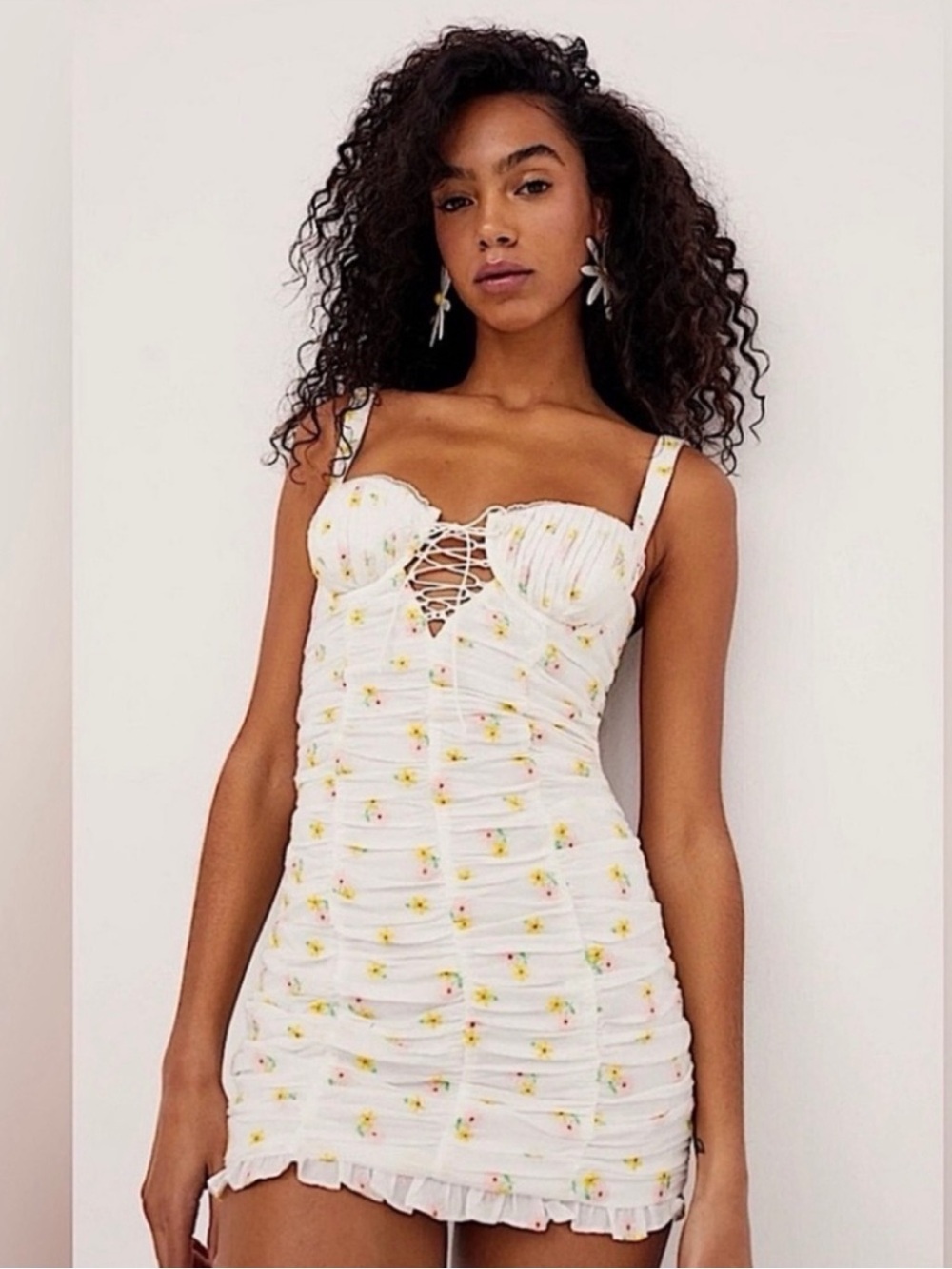 For Love & Lemons Celia Bamboo Floral Ruched Corset Open Back Mini Dress